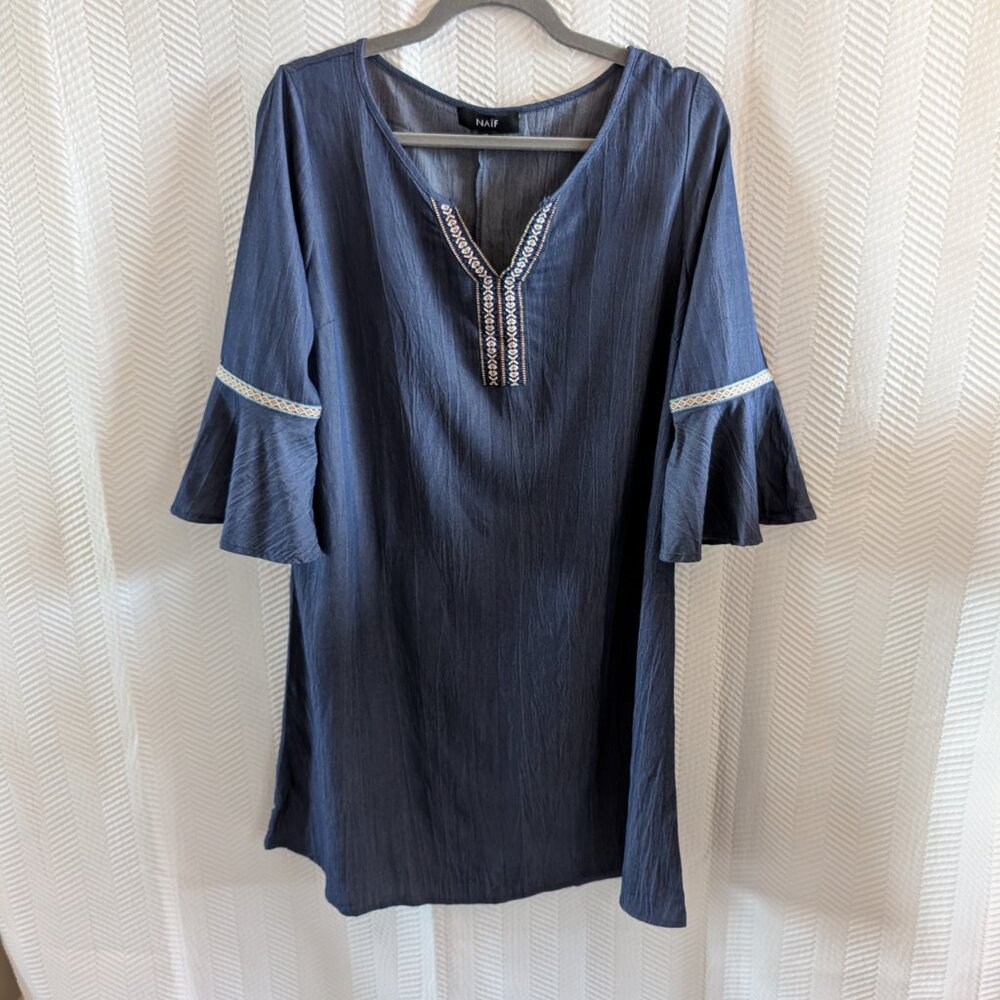 Naif Chambray Denim Dress Embroidered Bell Sleeve Boho Blue Relaxed Size Medium